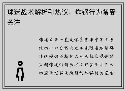 球迷战术解析引热议:炸锅行为备受关注 球迷战术解析引热议:炸锅行为备受关注