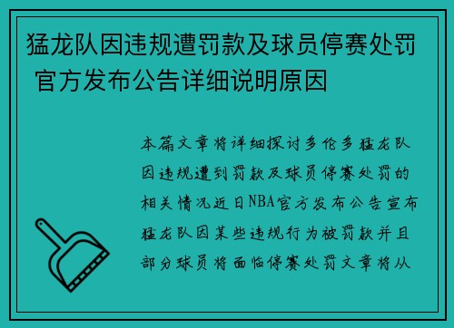 猛龙队因违规遭罚款及球员停赛处罚 官方发布公告详细说明原因